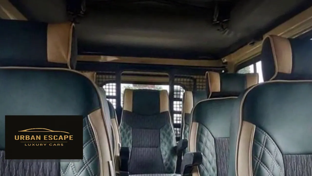 Toyota Land Cruiser Safari cabin with dark teal leather-look seats, beige trim and diamond stitching