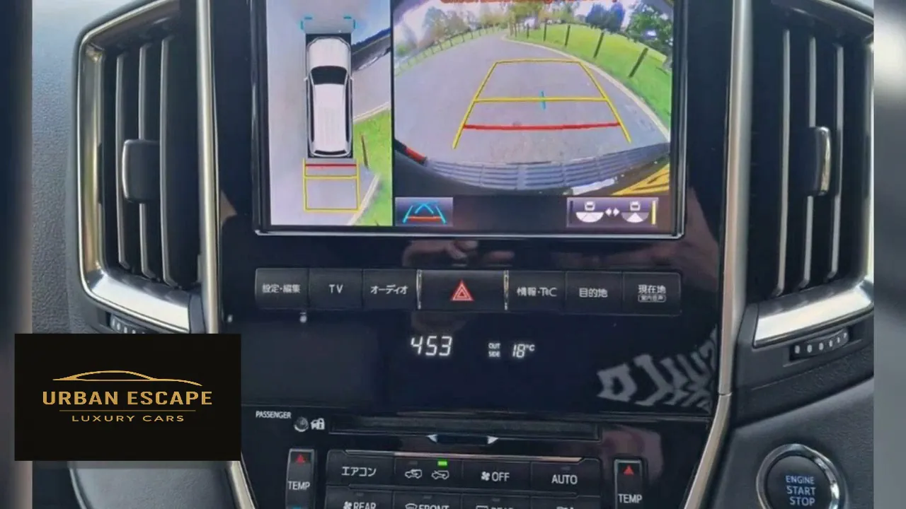 Toyota Land Cruiser V8 centre screen showing top-down and rear parking camera views above the climate controls